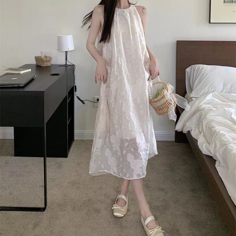 大人ワンピース ロング 立体刺繍ホルターネックロングワンピース