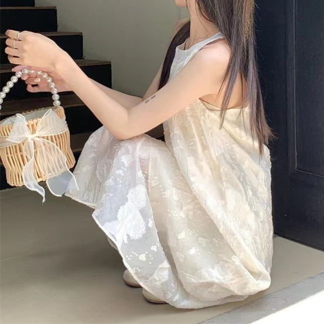 大人ワンピース ロング 立体刺繍ホルターネックロングワンピース