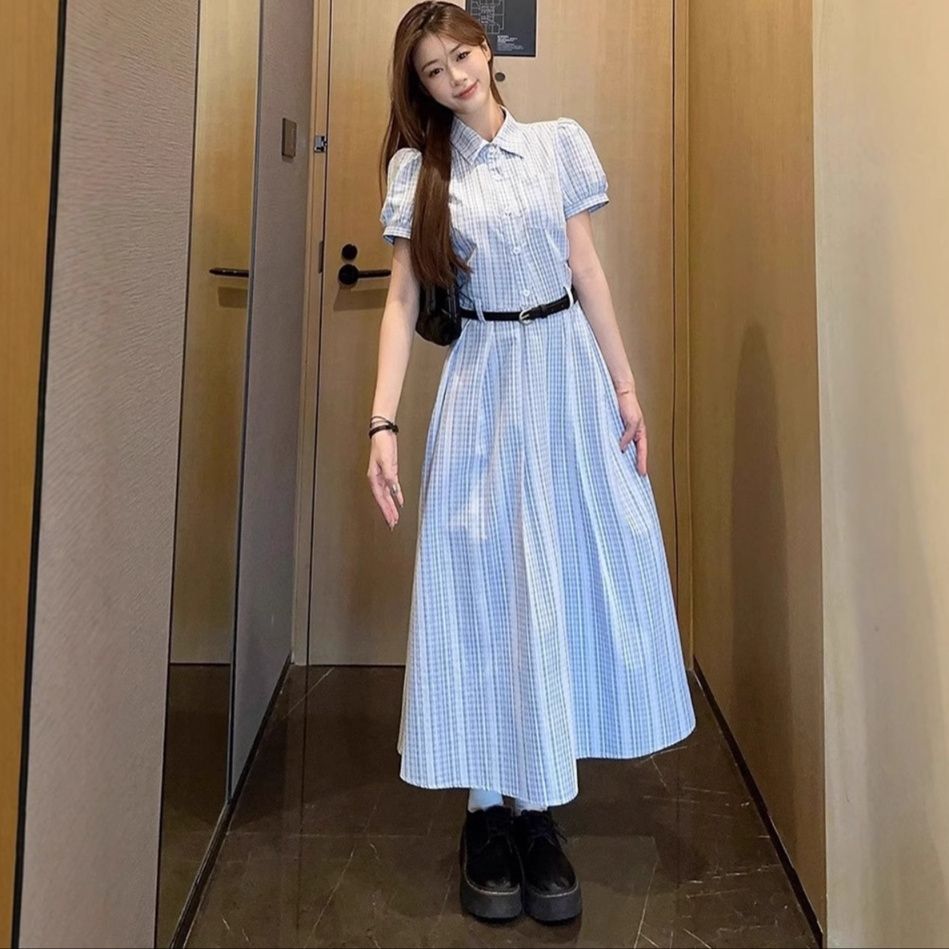 大人ワンピース ロング 清楚格子柄シャツ襟ロングワンピース