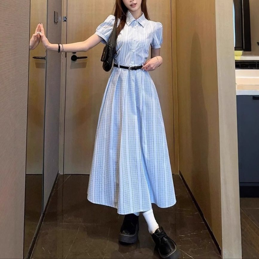 大人ワンピース ロング 清楚格子柄シャツ襟ロングワンピース