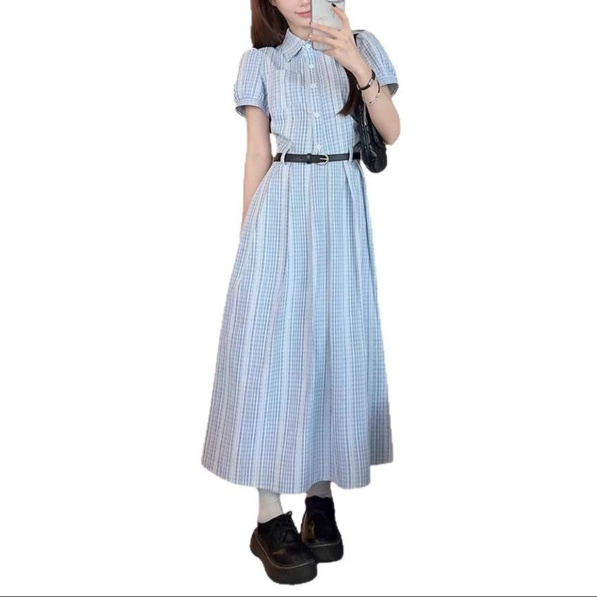大人ワンピース ロング 清楚格子柄シャツ襟ロングワンピース