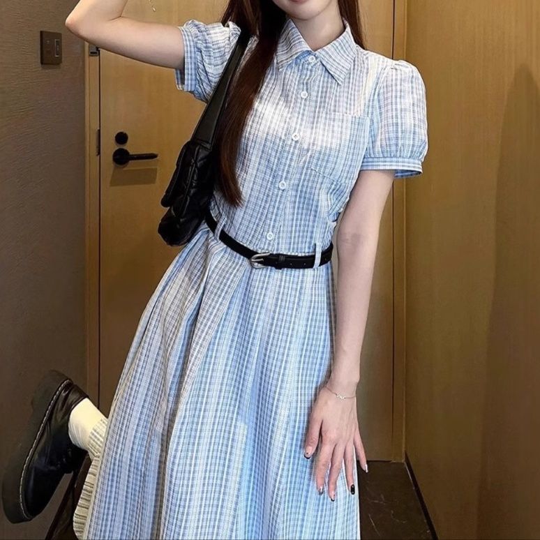 大人ワンピース ロング 清楚格子柄シャツ襟ロングワンピース