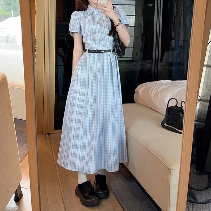 大人ワンピース ロング 清楚格子柄シャツ襟ロングワンピース