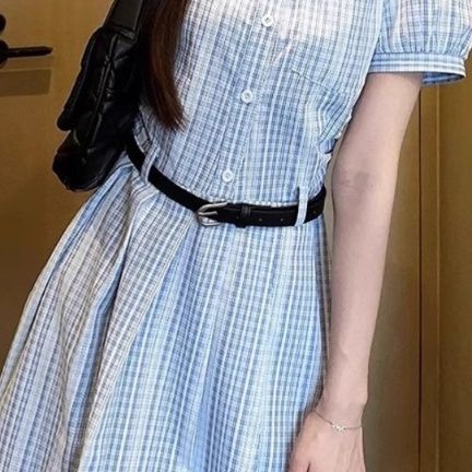 大人ワンピース ロング 清楚格子柄シャツ襟ロングワンピース