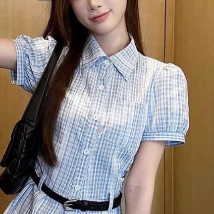 大人ワンピース ロング 清楚格子柄シャツ襟ロングワンピース