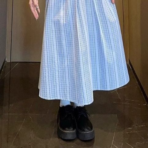 大人ワンピース ロング 清楚格子柄シャツ襟ロングワンピース