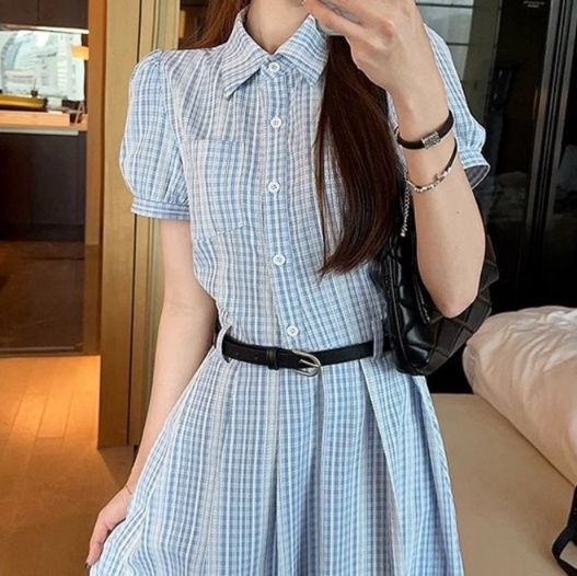 大人ワンピース ロング 清楚格子柄シャツ襟ロングワンピース