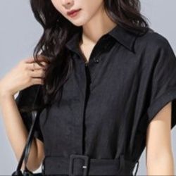 大人ワンピース ロング リネン風シャツカラーベルト付きワンピース