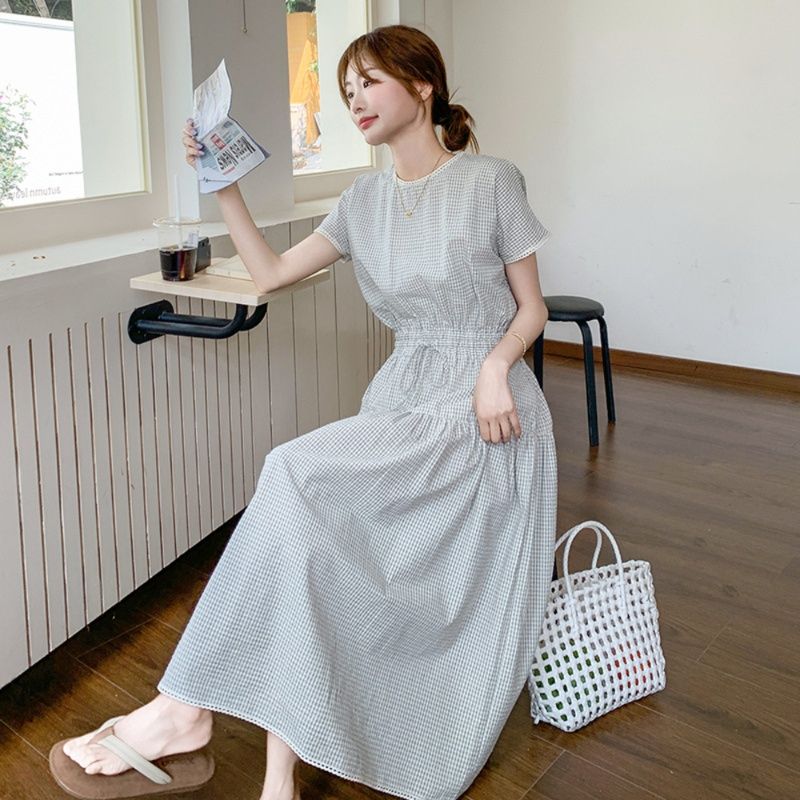 大人ワンピース ロング 優雅な格子柄ウエストギャザーロングワンピース