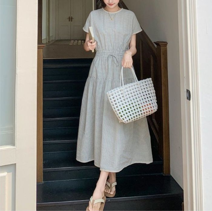 大人ワンピース ロング 優雅な格子柄ウエストギャザーロングワンピース