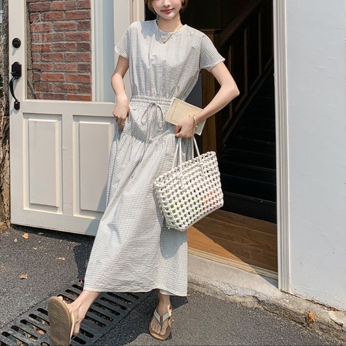 大人ワンピース ロング 優雅な格子柄ウエストギャザーロングワンピース