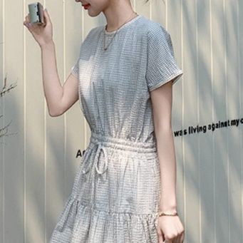 大人ワンピース ロング 優雅な格子柄ウエストギャザーロングワンピース