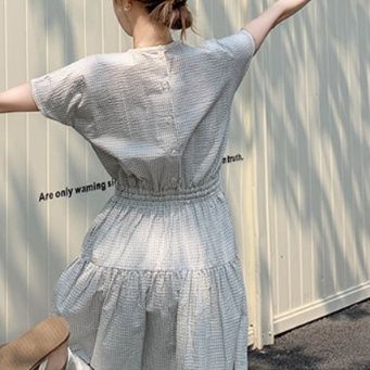 大人ワンピース ロング 優雅な格子柄ウエストギャザーロングワンピース