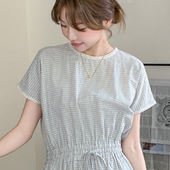 大人ワンピース ロング 優雅な格子柄ウエストギャザーロングワンピース