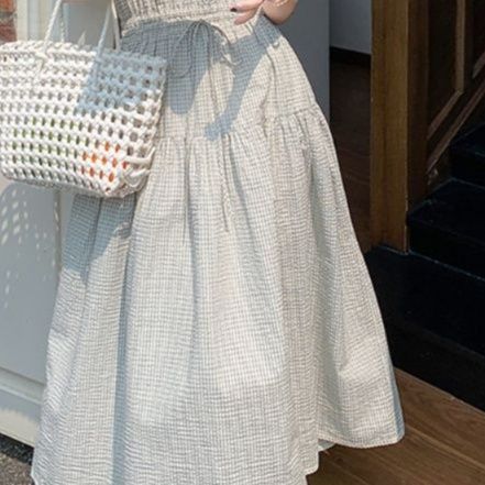 大人ワンピース ロング 優雅な格子柄ウエストギャザーロングワンピース