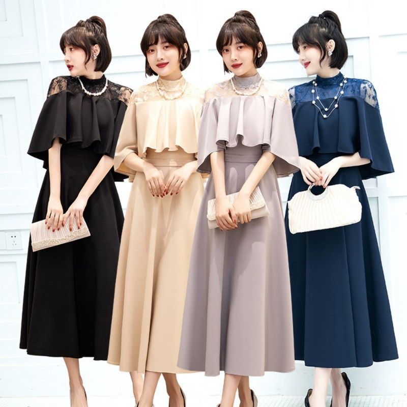 大人ワンピース ロング レース切替えケープ風ロングワンピース