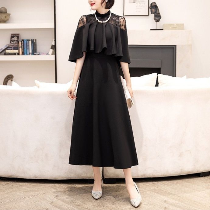 大人ワンピース ロング レース切替えケープ風ロングワンピース