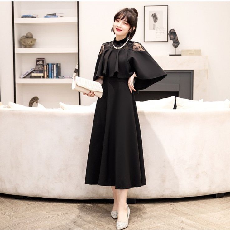 大人ワンピース ロング レース切替えケープ風ロングワンピース