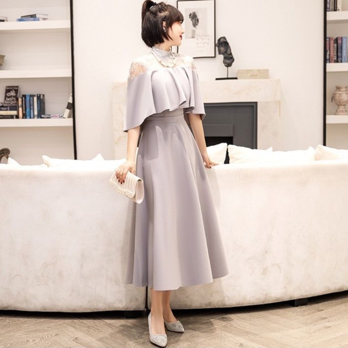 大人ワンピース ロング レース切替えケープ風ロングワンピース