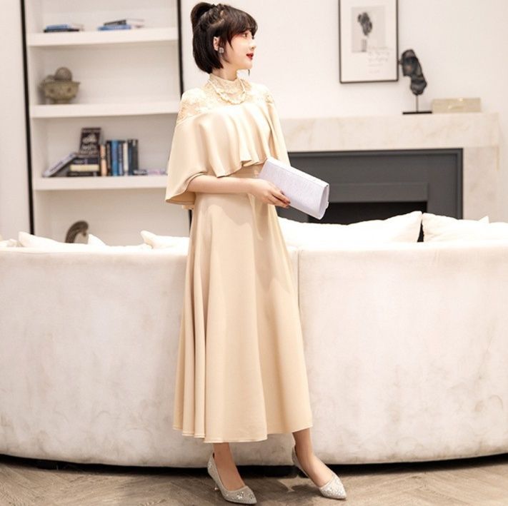 大人ワンピース ロング レース切替えケープ風ロングワンピース