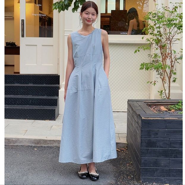 大人ワンピース ロング 優雅な佇まい ゆったりノースリーブワンピース