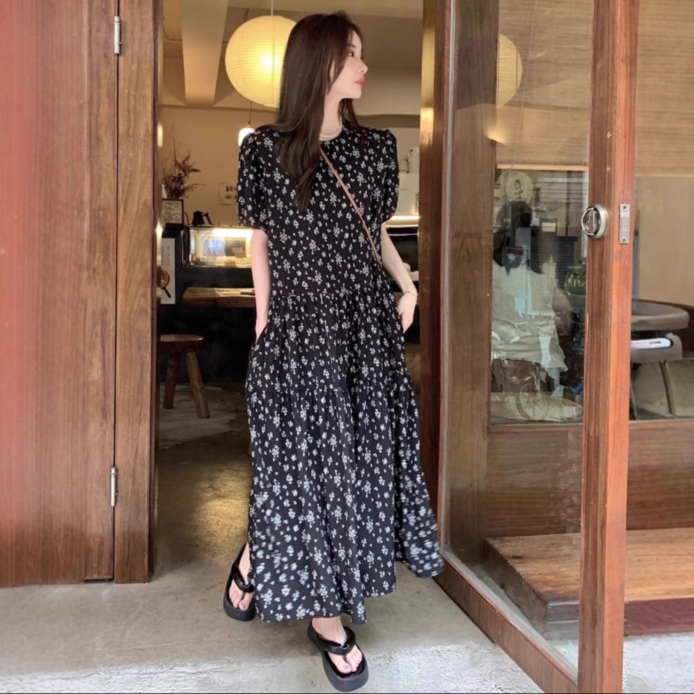 大人ワンピース ロング 小花柄ティアードロングワンピース