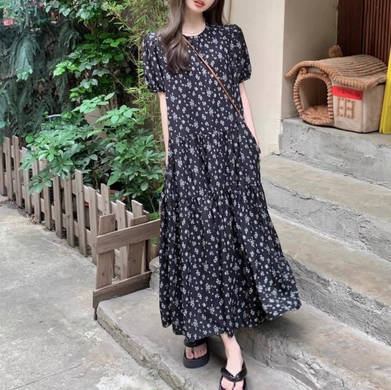 大人ワンピース ロング 小花柄ティアードロングワンピース