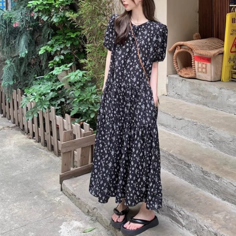 大人ワンピース ロング 小花柄ティアードロングワンピース
