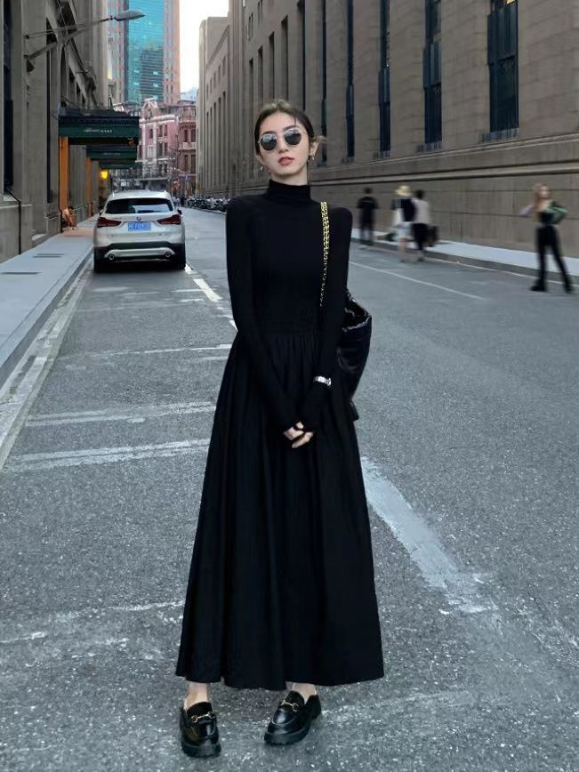 大人ワンピース ロング 優美ハイネックギャザーワンピース