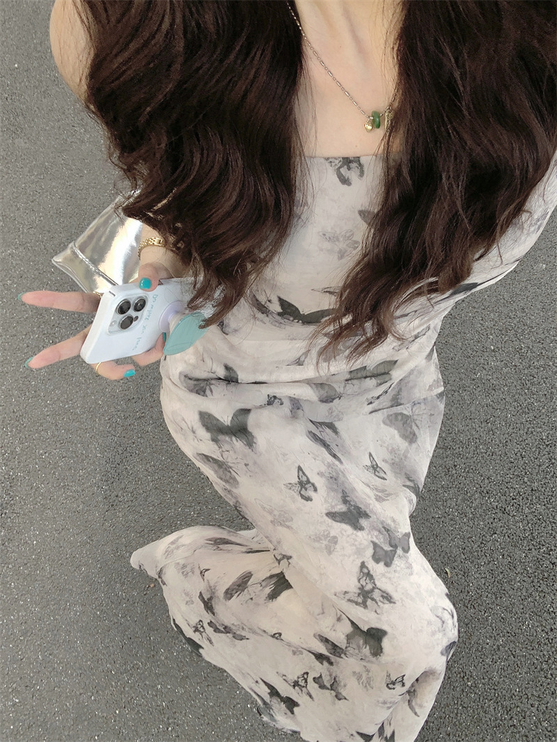 大人ワンピース ロング 蝶々柄シフォンロングワンピース