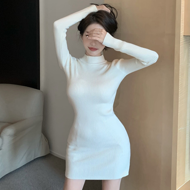 大人ワンピース ミニ スタイリッシュ美シルエット リブニットワンピース