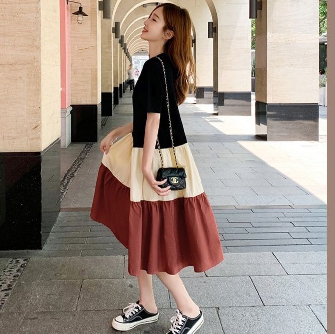 大人ワンピース 三段切替ゆったりロングワンピース