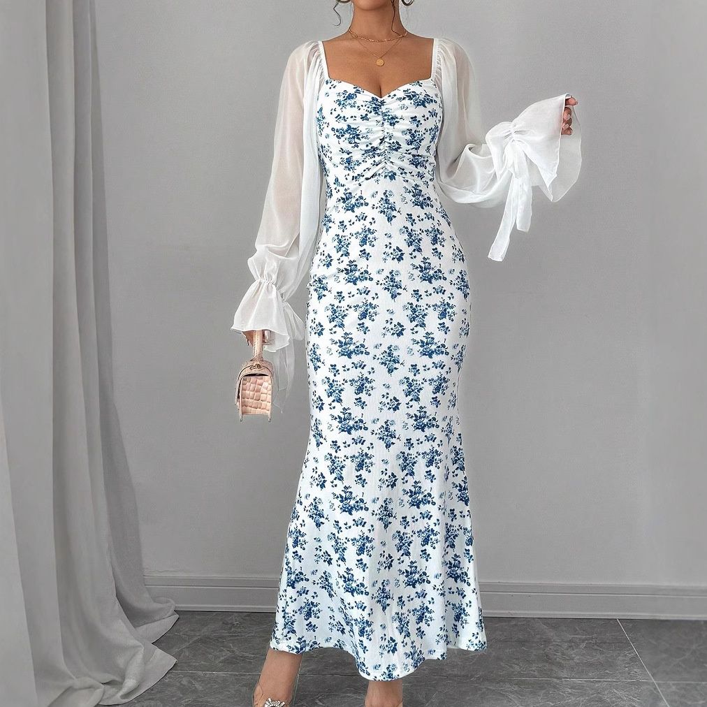 大人ワンピース 花柄シアースリーブロングワンピース