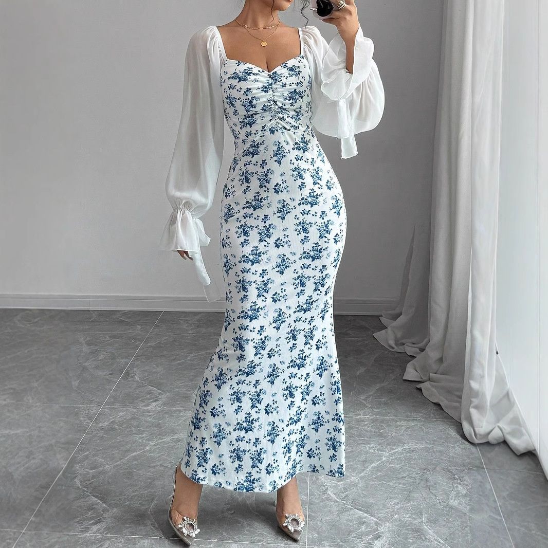 大人ワンピース 花柄シアースリーブロングワンピース