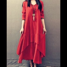 大人ワンピース 重ね風レイヤード麻混ロングワンピース