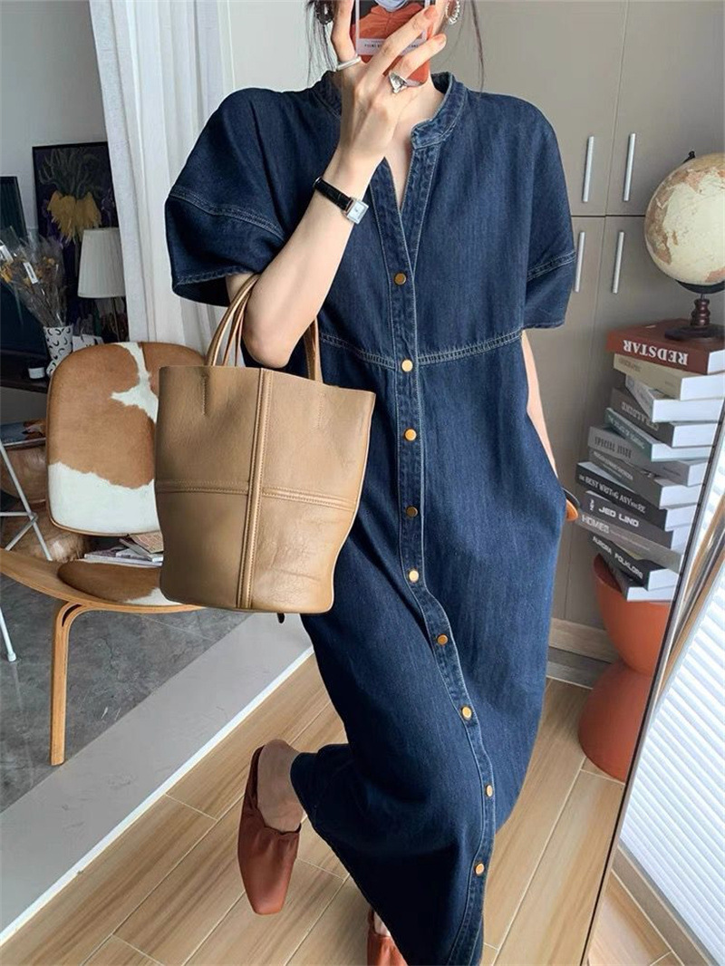大人ワンピース ロング ノーカラーデニムワンピース