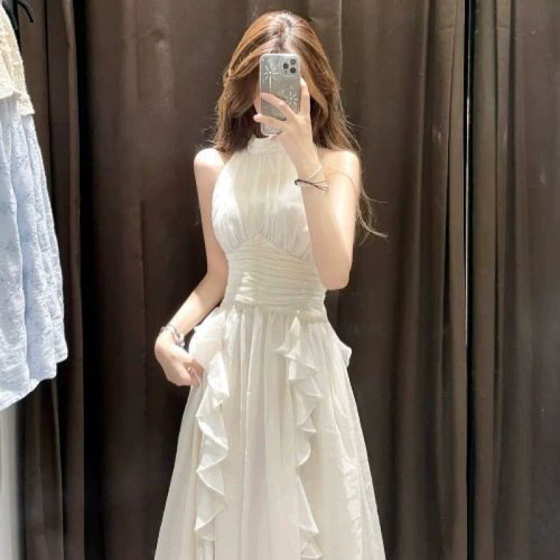 大人ワンピース ロング シフォンプリーツ ホルターネック ロングドレス