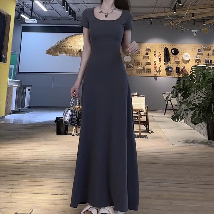 大人ワンピース ロング シンプル上品スクエアネックロングワンピース