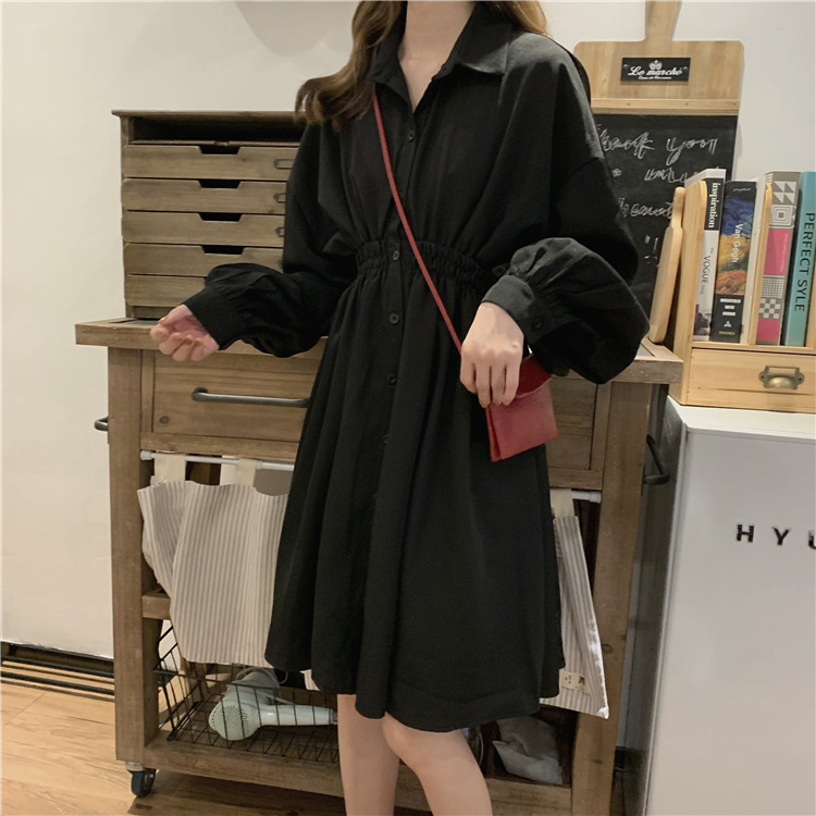 大人ワンピース 長袖シャツワンピース黒きれいめ大人ミディ丈