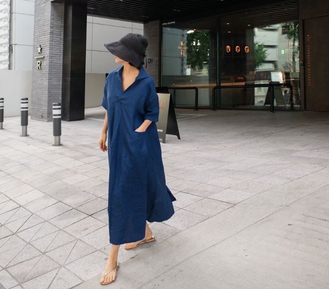 大人ワンピース 綿麻シャツワンピース ロング丈半袖ゆったりシルエット