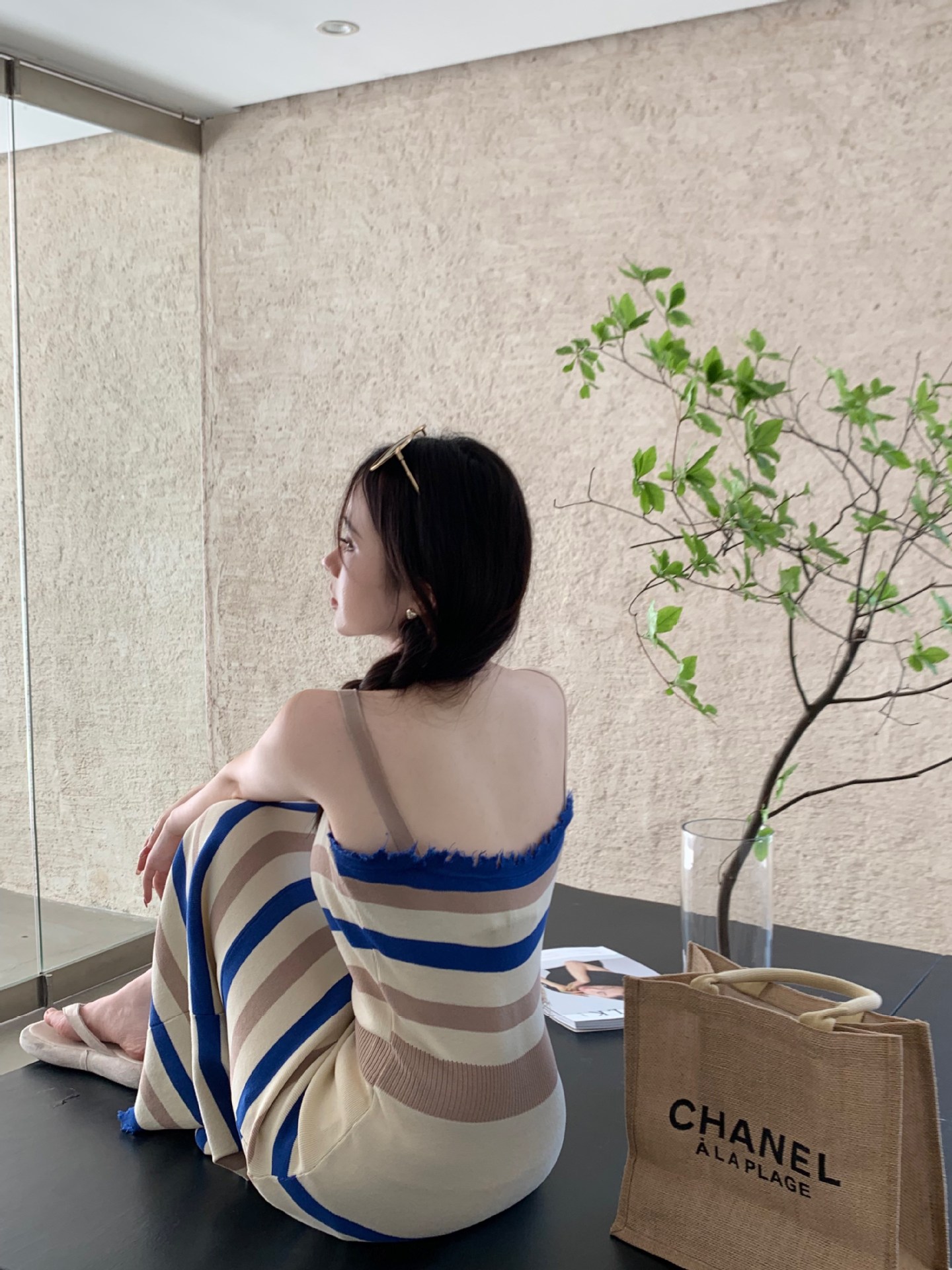 大人ワンピース ロング アシンメトリーストライプキャミワンピース