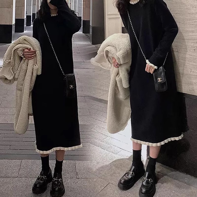大人ワンピース ロング フリル裾付きニットワンピース