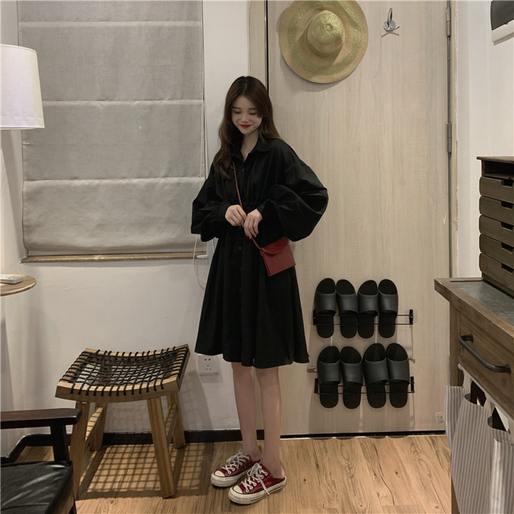 大人ワンピース 長袖シャツワンピース黒きれいめ大人ミディ丈