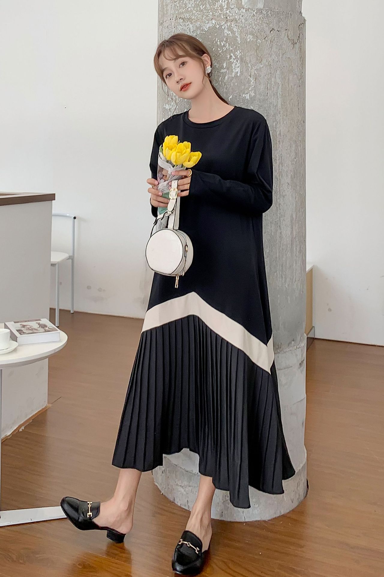 大人ワンピース ロング プリーツ切替ラインバイカラーワンピース