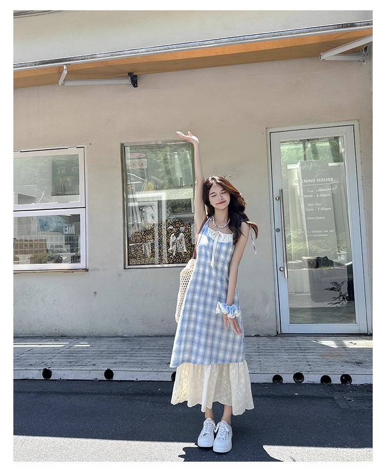 大人ワンピース マキシ チェック柄レース切替キャミソールワンピース