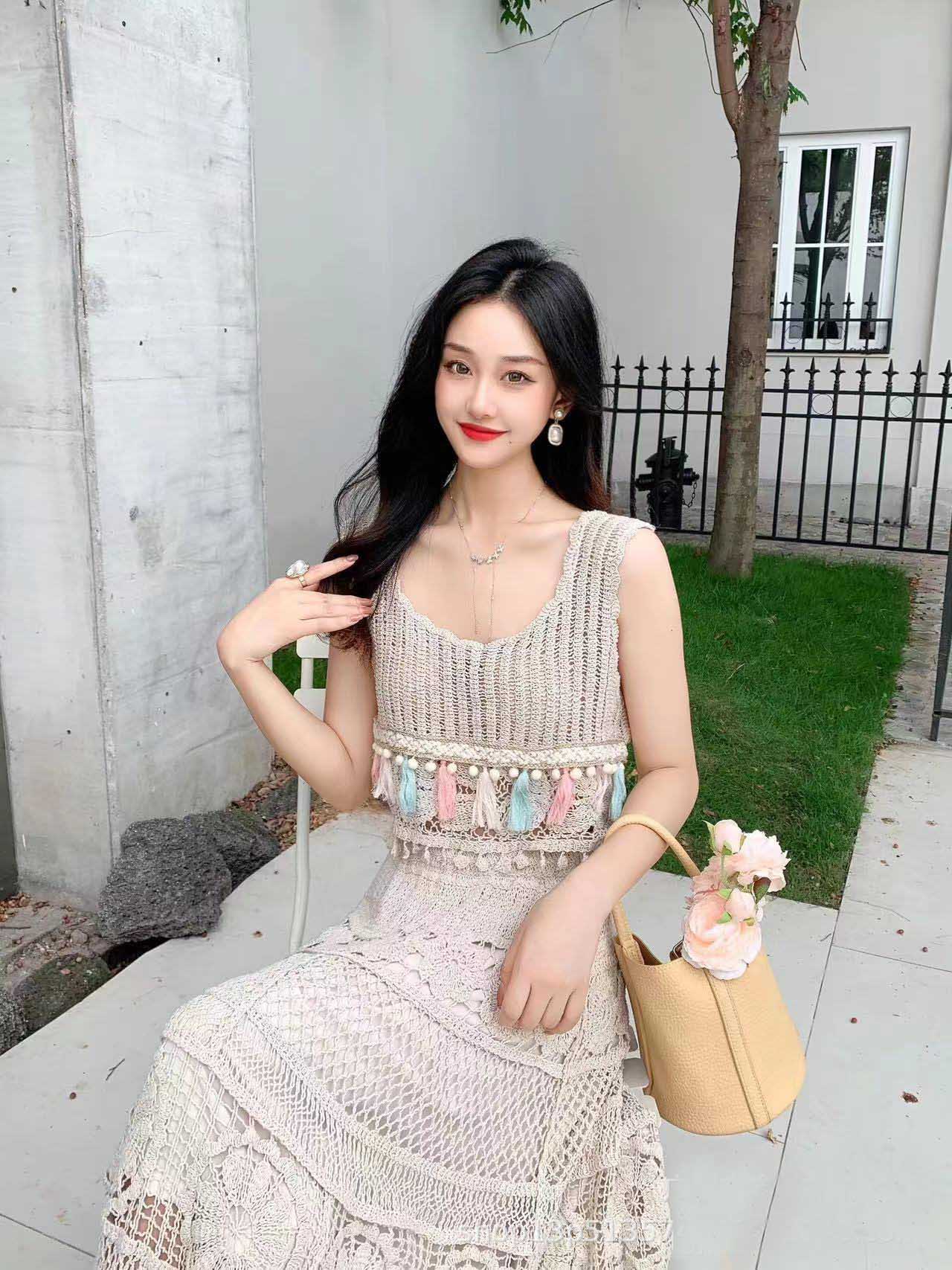大人ワンピース 透かし編みニット ロングワンピース フリンジ付き