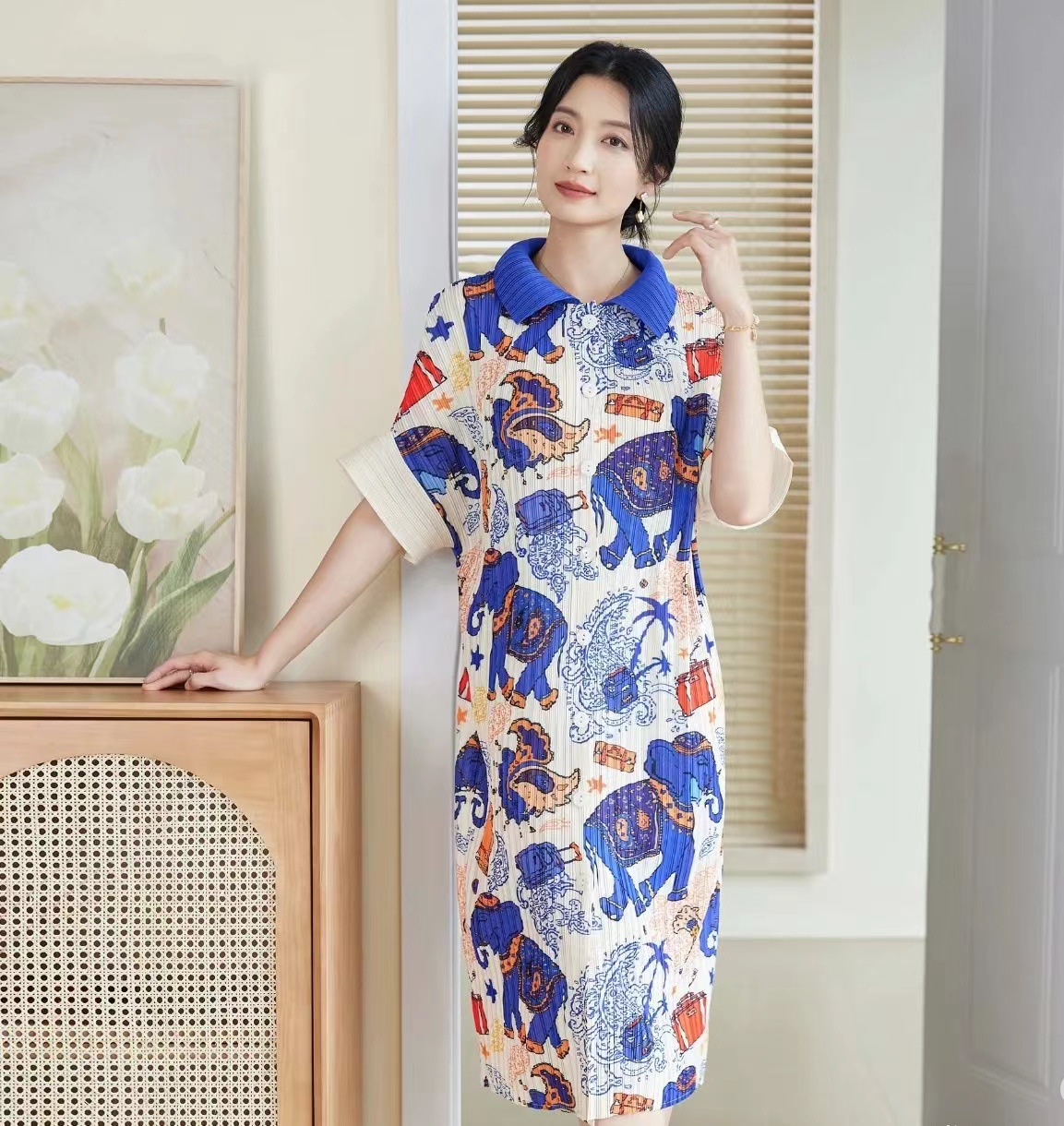 大人ワンピース マキシ アジアンテイスト象柄マキシワンピース