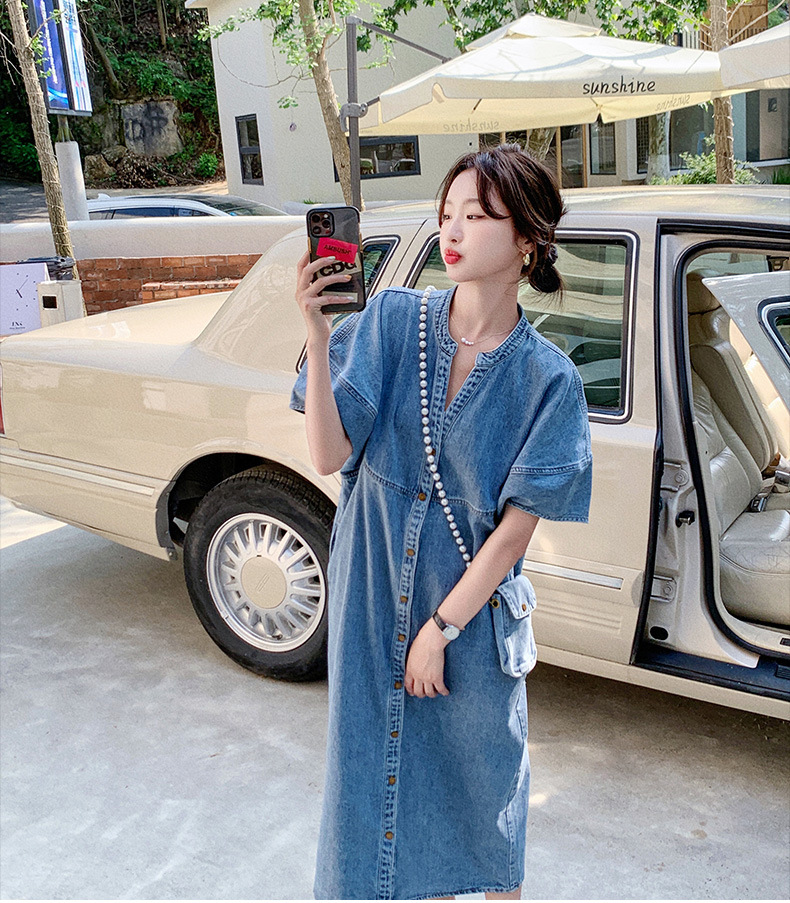 大人ワンピース ロング ノーカラーデニムワンピース