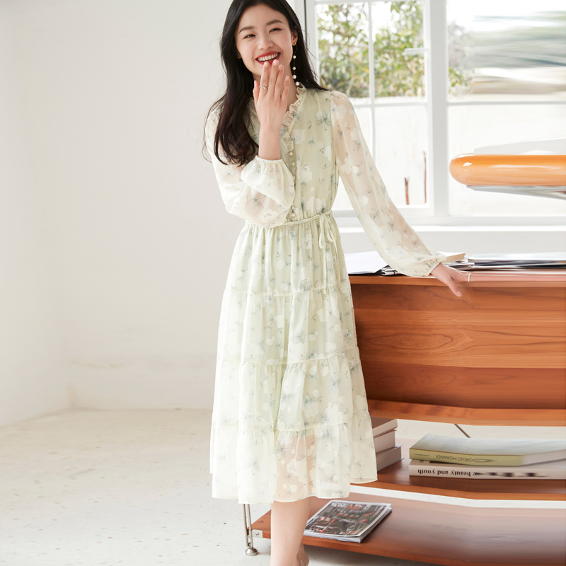 大人ワンピース ロング 花柄シフォンティアードロングワンピース