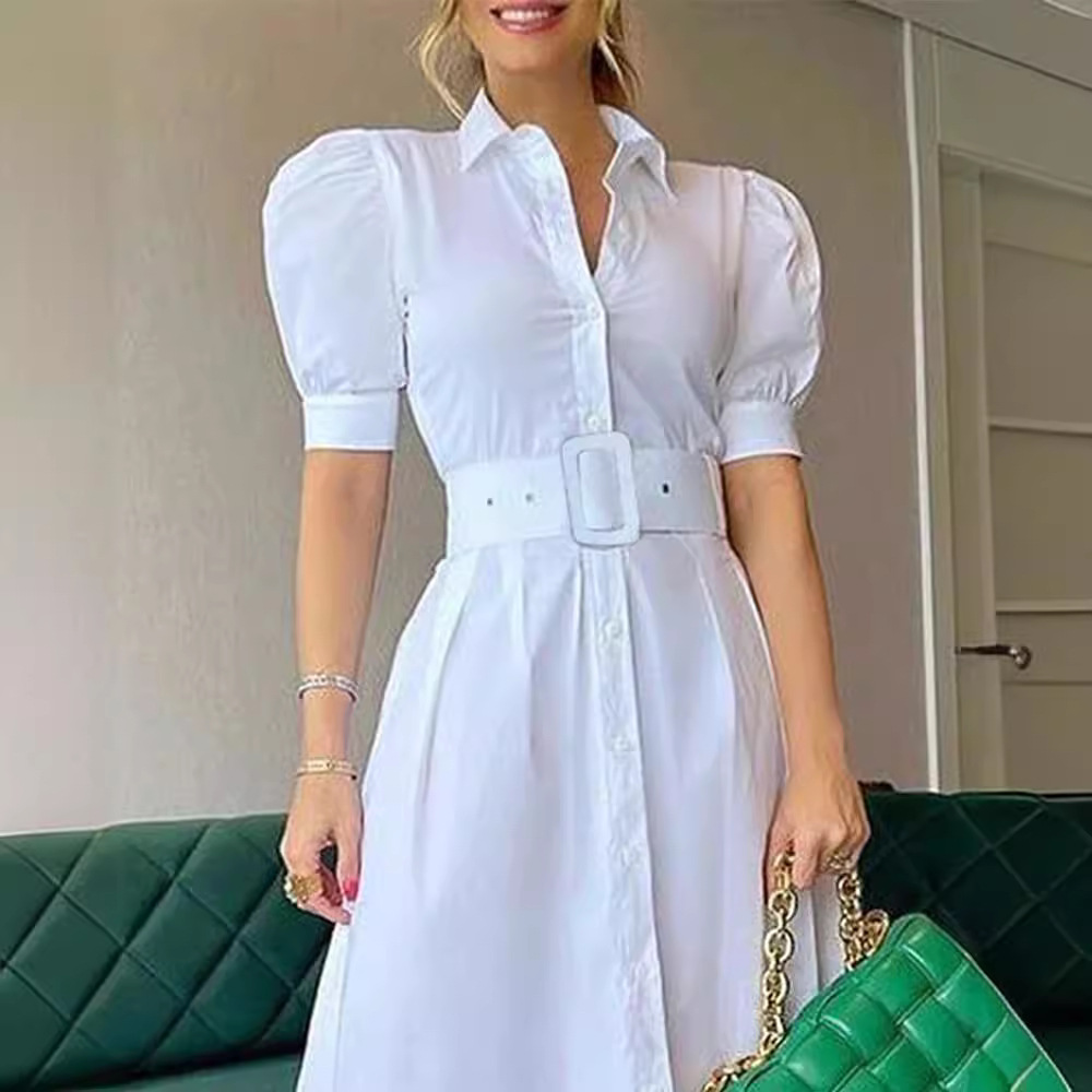 大人ワンピース ロング パフスリーブシャツ襟ティアードワンピース